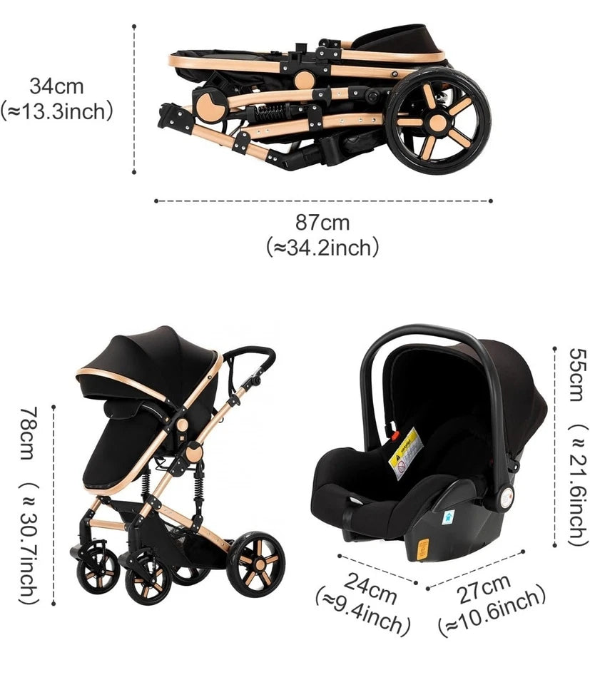3in1 Kinderwagen Set hoch, Buggy klappbar mit Zubehör & Wendbarem Sitz braun