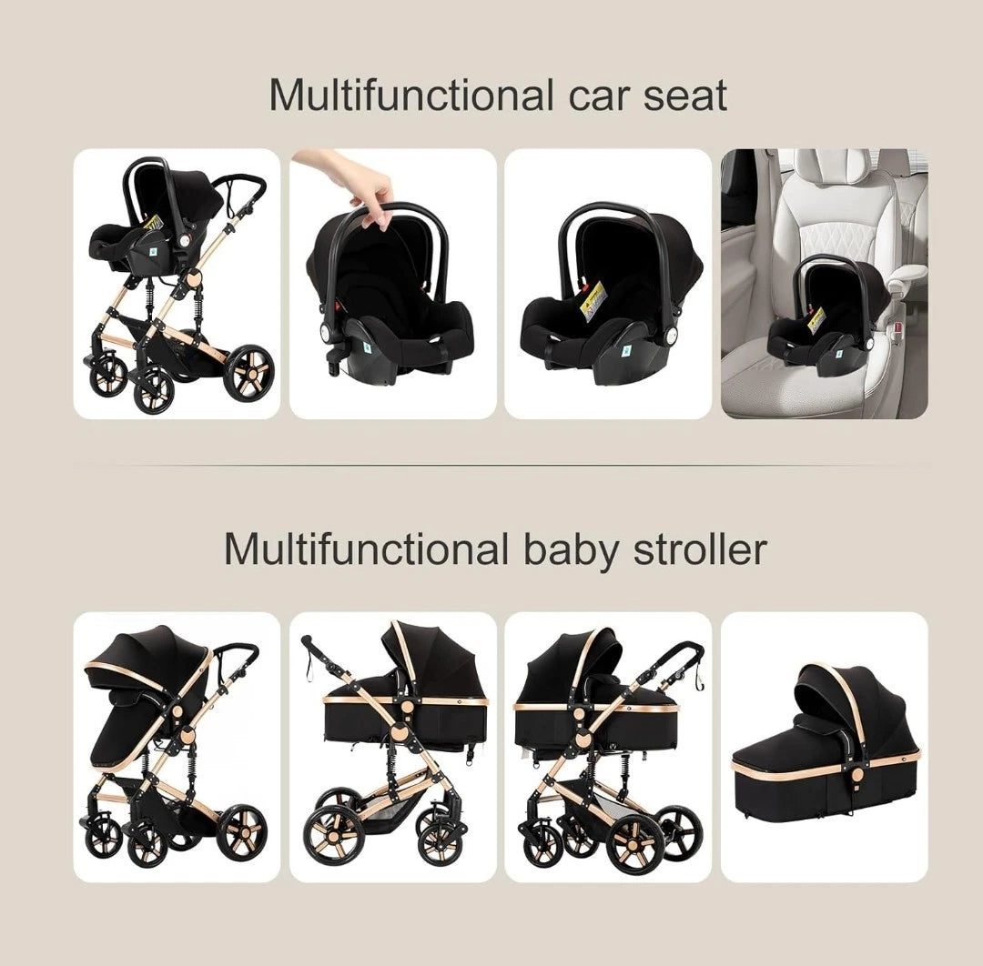 3in1 Kinderwagen Set hoch, Buggy klappbar mit Zubehör & Wendbarem Sitz braun