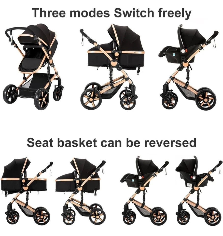 3in1 Kinderwagen Set hoch, Buggy klappbar mit Zubehör & Wendbarem Sitz braun