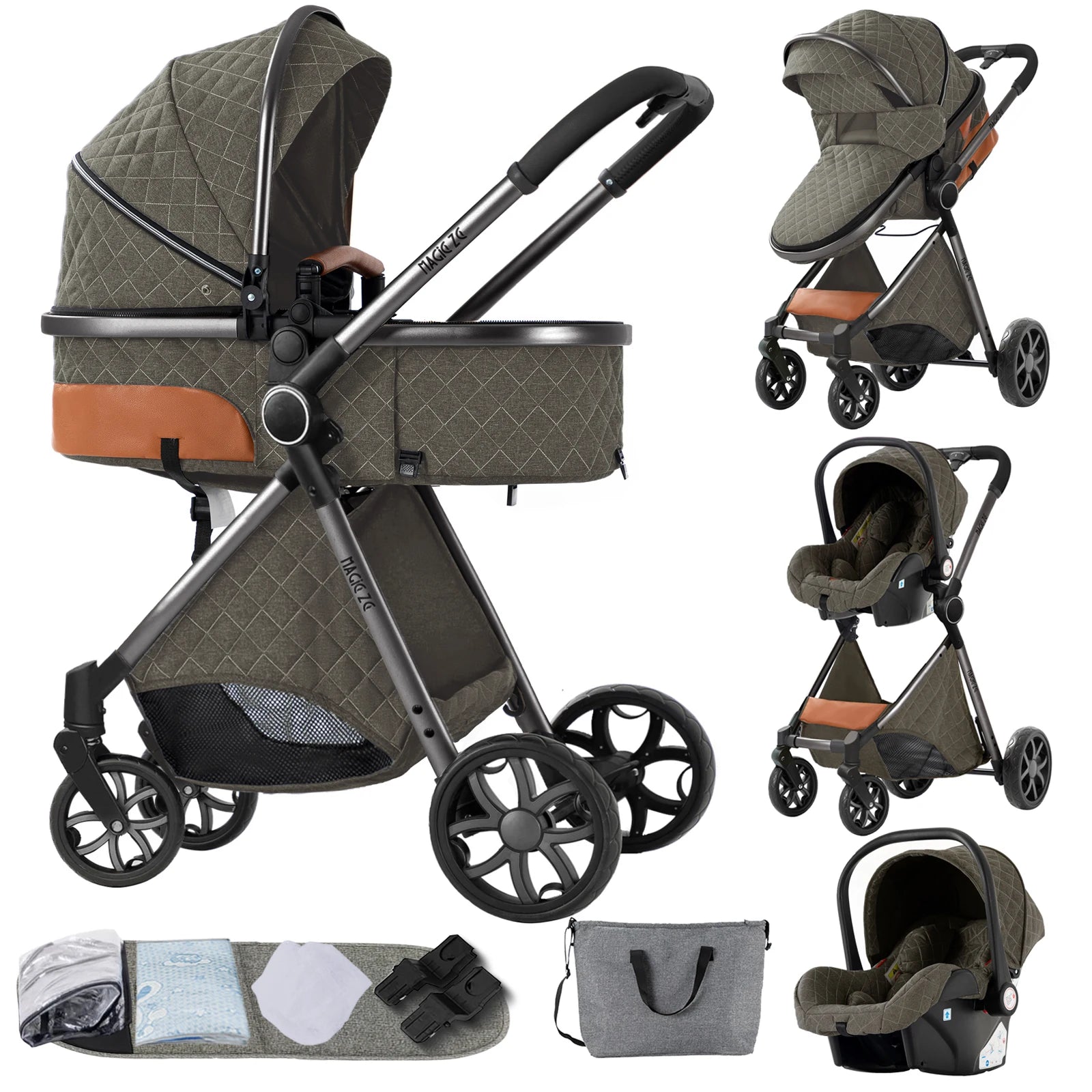 Kinderwagen, 3-in-1, leichtes Reisesystem, multifunktionaler Kinderwagen mit Aluminiumrahmen, 4-Rad-Kompaktwagen für Neugeborene