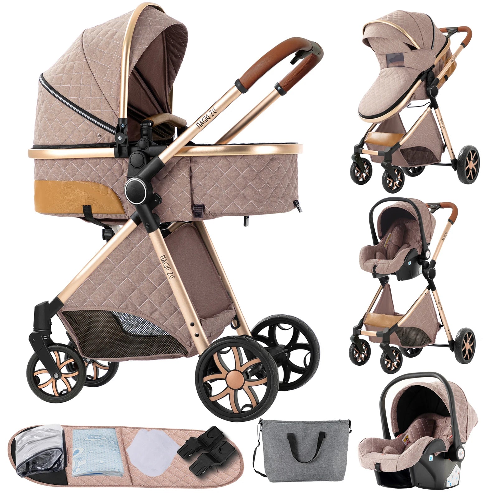 Kinderwagen, 3-in-1, leichtes Reisesystem, multifunktionaler Kinderwagen mit Aluminiumrahmen, 4-Rad-Kompaktwagen für Neugeborene