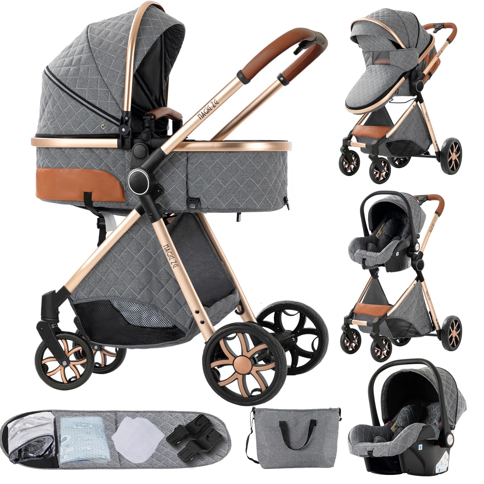 Kinderwagen, 3-in-1, leichtes Reisesystem, multifunktionaler Kinderwagen mit Aluminiumrahmen, 4-Rad-Kompaktwagen für Neugeborene