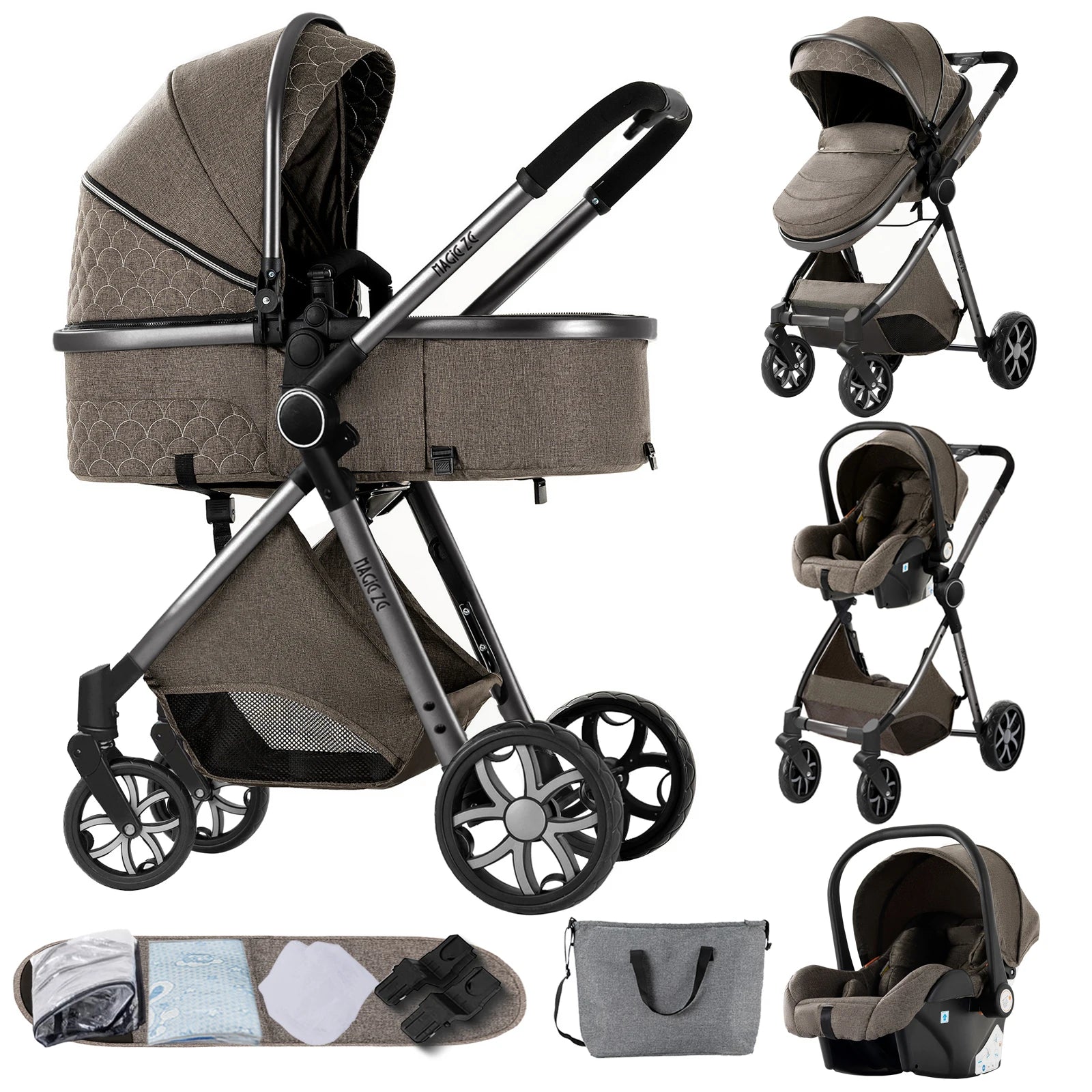 Kinderwagen, 3-in-1, leichtes Reisesystem, multifunktionaler Kinderwagen mit Aluminiumrahmen, 4-Rad-Kompaktwagen für Neugeborene