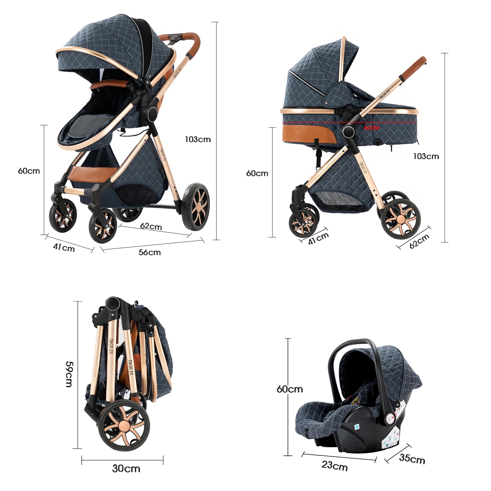 Kinderwagen, 3-in-1, leichtes Reisesystem, multifunktionaler Kinderwagen mit Aluminiumrahmen, 4-Rad-Kompaktwagen für Neugeborene