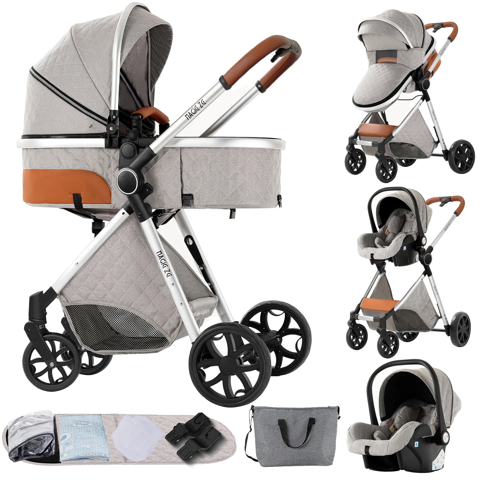 Kinderwagen, 3-in-1, leichtes Reisesystem, multifunktionaler Kinderwagen mit Aluminiumrahmen, 4-Rad-Kompaktwagen für Neugeborene