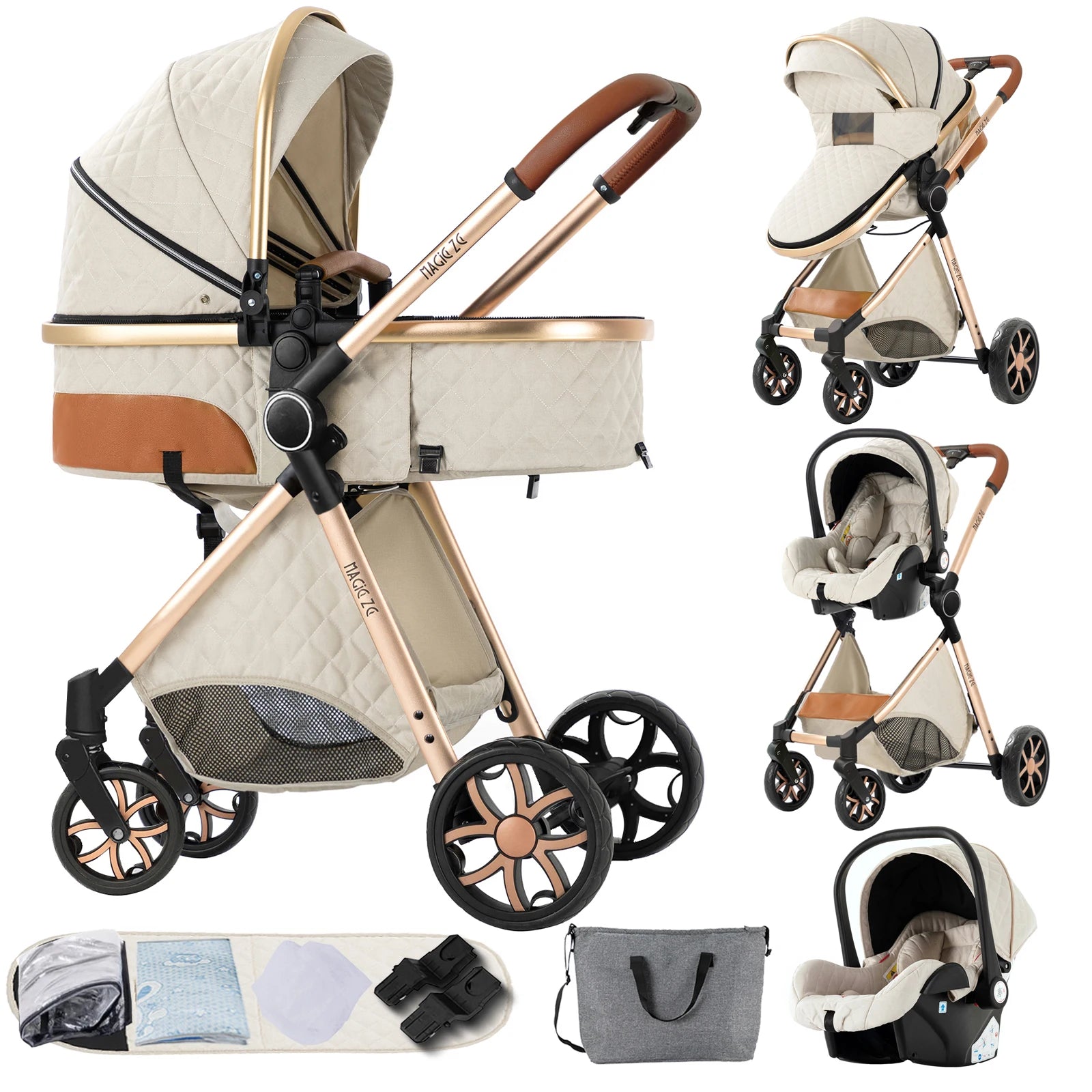 Kinderwagen, 3-in-1, leichtes Reisesystem, multifunktionaler Kinderwagen mit Aluminiumrahmen, 4-Rad-Kompaktwagen für Neugeborene
