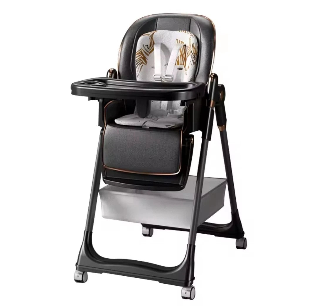 Hochstuhl Baby PU Leder, faltbar verstellbar mit Rollen & Doppeltablett Schwarz