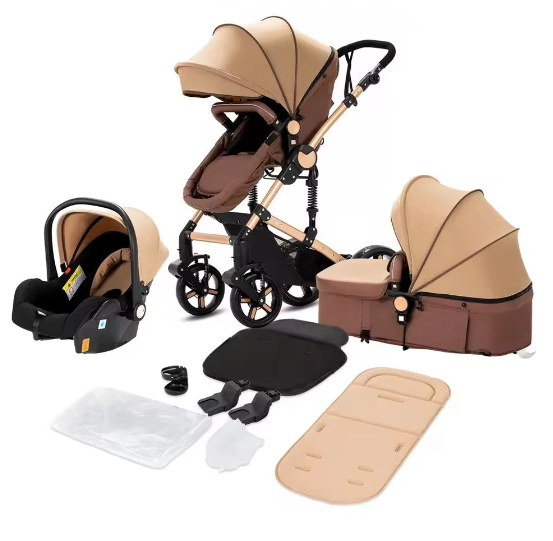 3in1 Kinderwagen Set hoch, Buggy klappbar mit Zubehör & Wendbarem Sitz braun