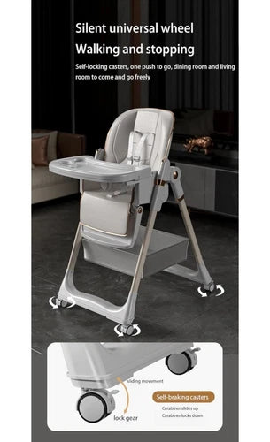 Hochstuhl Baby PU Leder, faltbar verstellbar mit Rollen & Doppeltablett Schwarz
