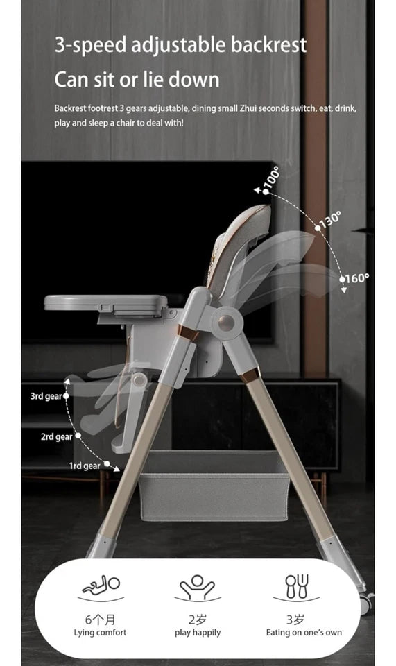 Hochstuhl Baby PU Leder, faltbar verstellbar mit Rollen & Doppeltablett Schwarz