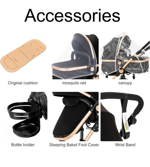3in1 Kinderwagen Set hoch, Buggy klappbar mit Zubehör & Wendbarem Sitz Schwarzgold