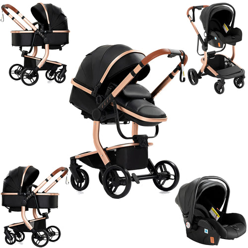 3-in-1 Luxus Kinderwagen aus PU-Leder – Reisesystem mit Wanne, Sportsitz & Babyschale, Wendig, Höhenverstellbar, Komplettset
