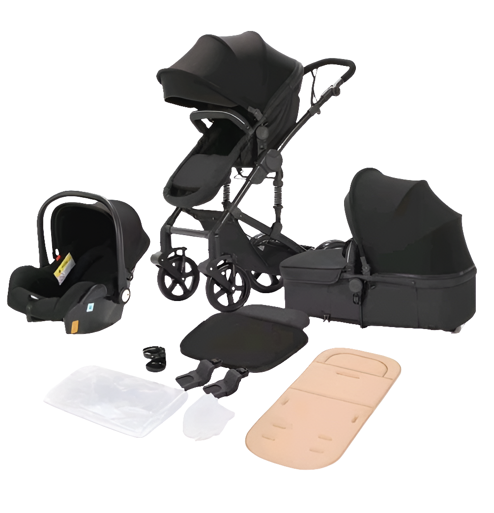3in1 Kinderwagen Set – Wendbarer, klappbarer Buggy mit Zubehör (Schwarz)
