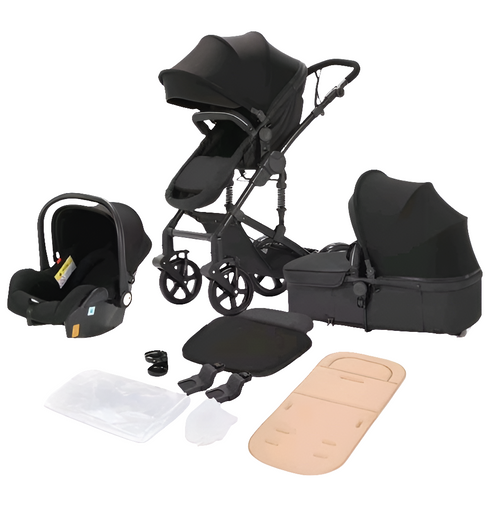 3in1 Kinderwagen Set – Wendbarer, klappbarer Buggy mit Zubehör (Schwarz)