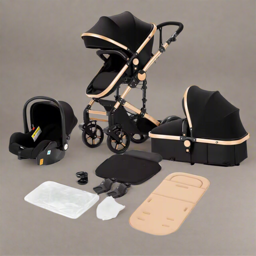 3in1 Kinderwagen Set hoch, Buggy klappbar mit Zubehör & Wendbarem Sitz Schwarzgold