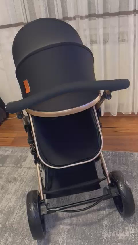 3in1 Kinderwagen Set hoch, Buggy klappbar mit Zubehör & Wendbarem Sitz Schwarzgold