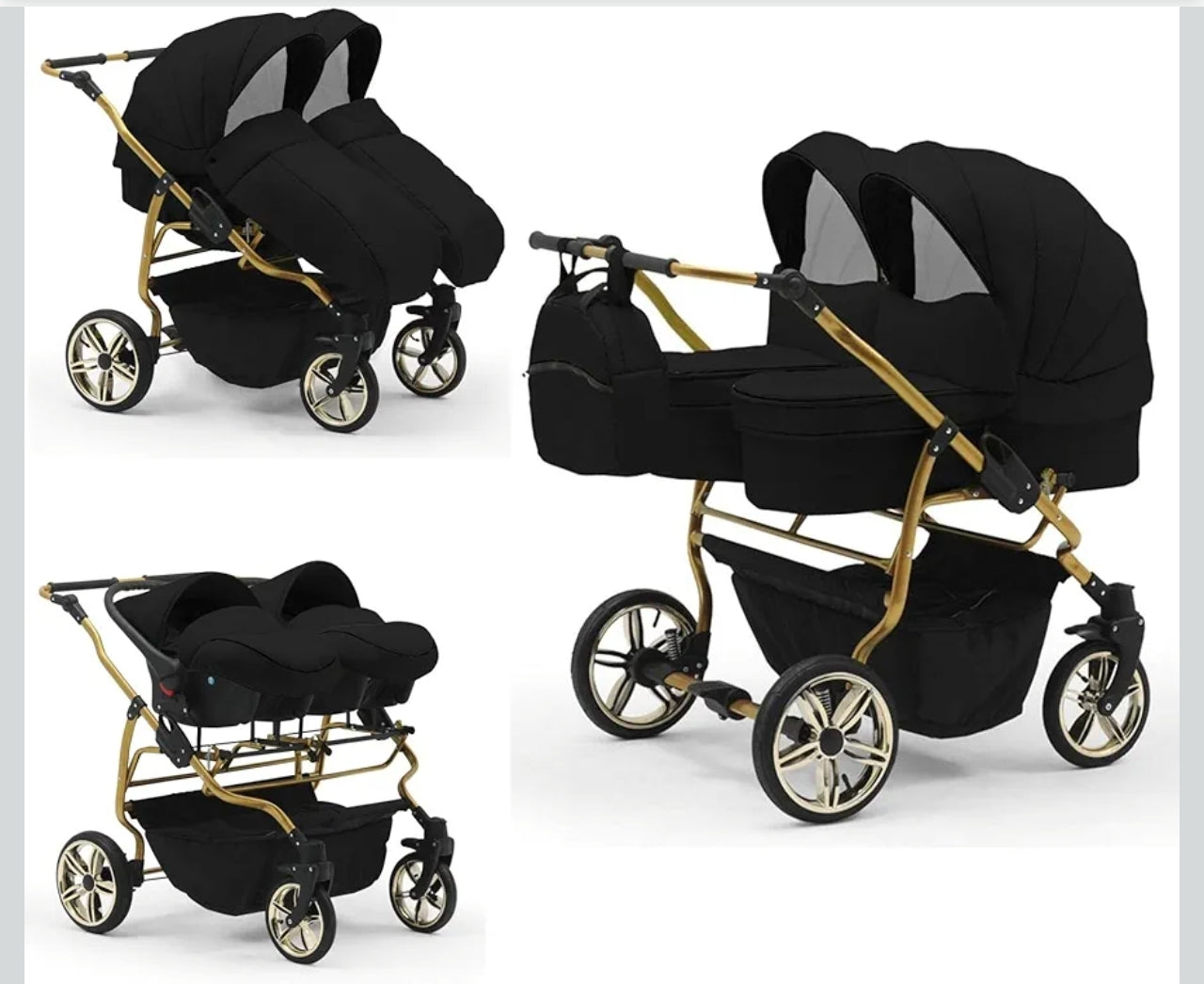 DUET LUX GOLD 2in1 Zwillingskinderwagen in Schwarz/Gold – Exklusive Ausführung mit 2 Sportsitzen