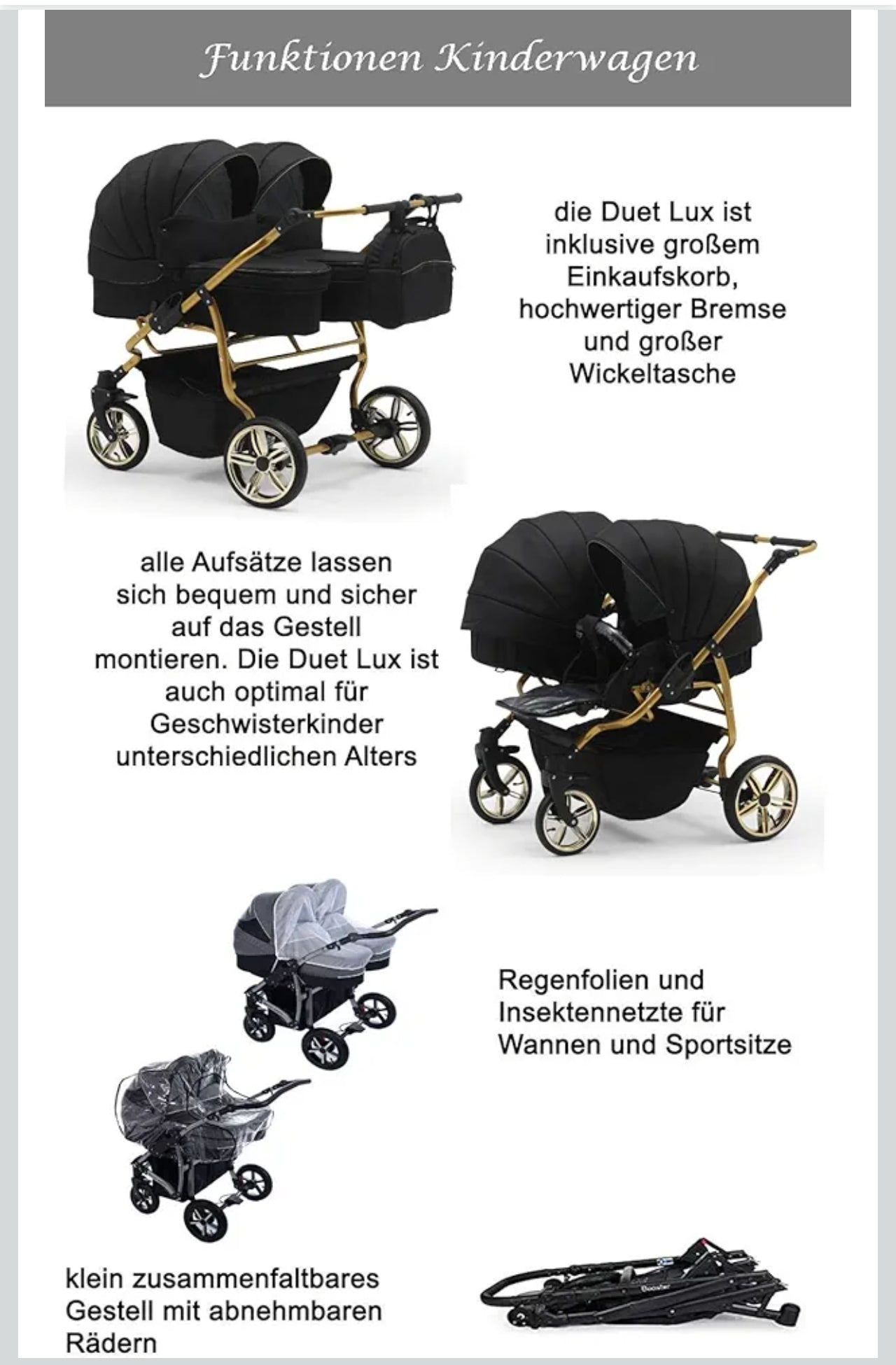 DUET LUX GOLD 2in1 Zwillingskinderwagen in Schwarz/Gold – Exklusive Ausführung mit 2 Sportsitzen