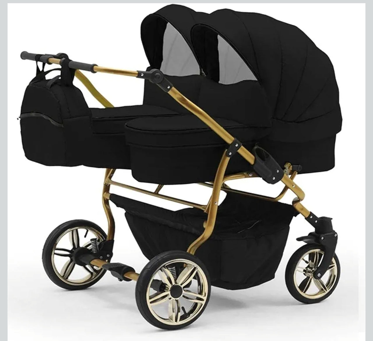 DUET LUX GOLD 2in1 Zwillingskinderwagen in Schwarz/Gold – Exklusive Ausführung mit 2 Sportsitzen