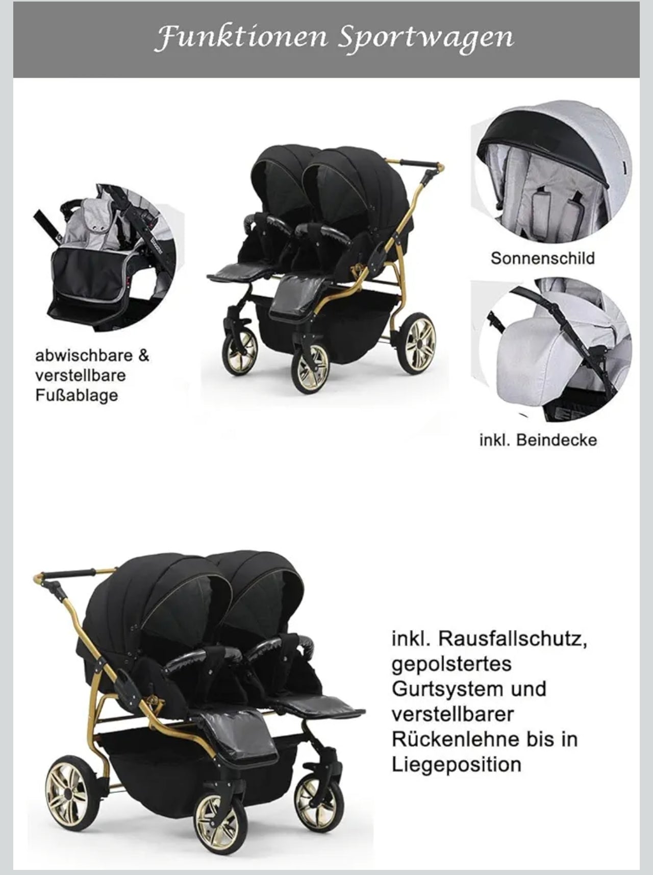 DUET LUX GOLD 2in1 Zwillingskinderwagen in Schwarz/Gold – Exklusive Ausführung mit 2 Sportsitzen