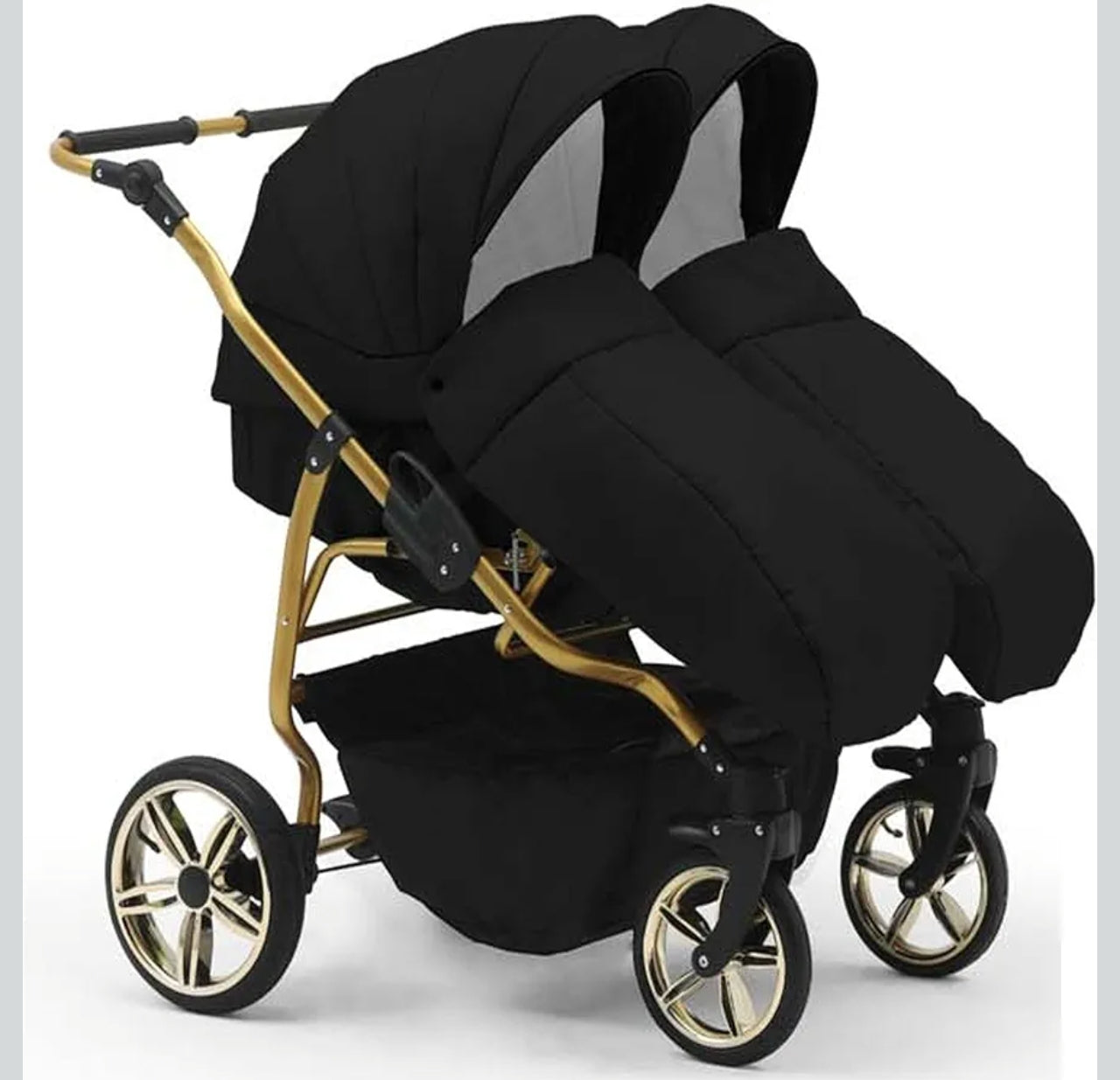 DUET LUX GOLD 2in1 Zwillingskinderwagen in Schwarz/Gold – Exklusive Ausführung mit 2 Sportsitzen