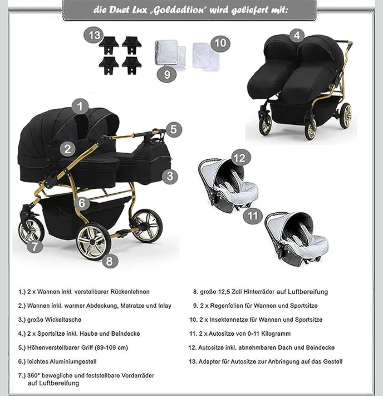 DUET LUX GOLD 2in1 Zwillingskinderwagen in Schwarz/Gold – Exklusive Ausführung mit 2 Sportsitzen