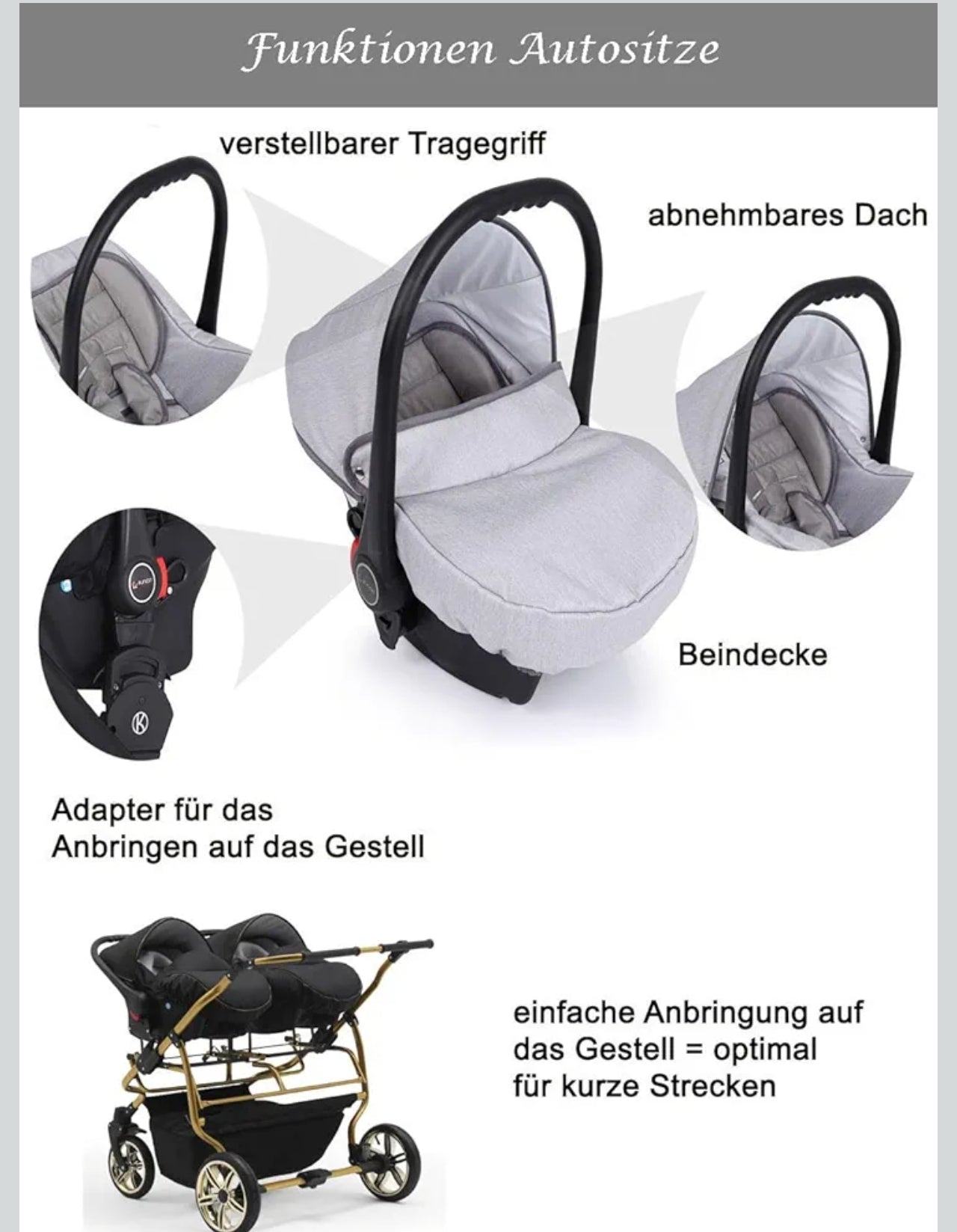 DUET LUX GOLD 2in1 Zwillingskinderwagen in Schwarz/Gold – Exklusive Ausführung mit 2 Sportsitzen